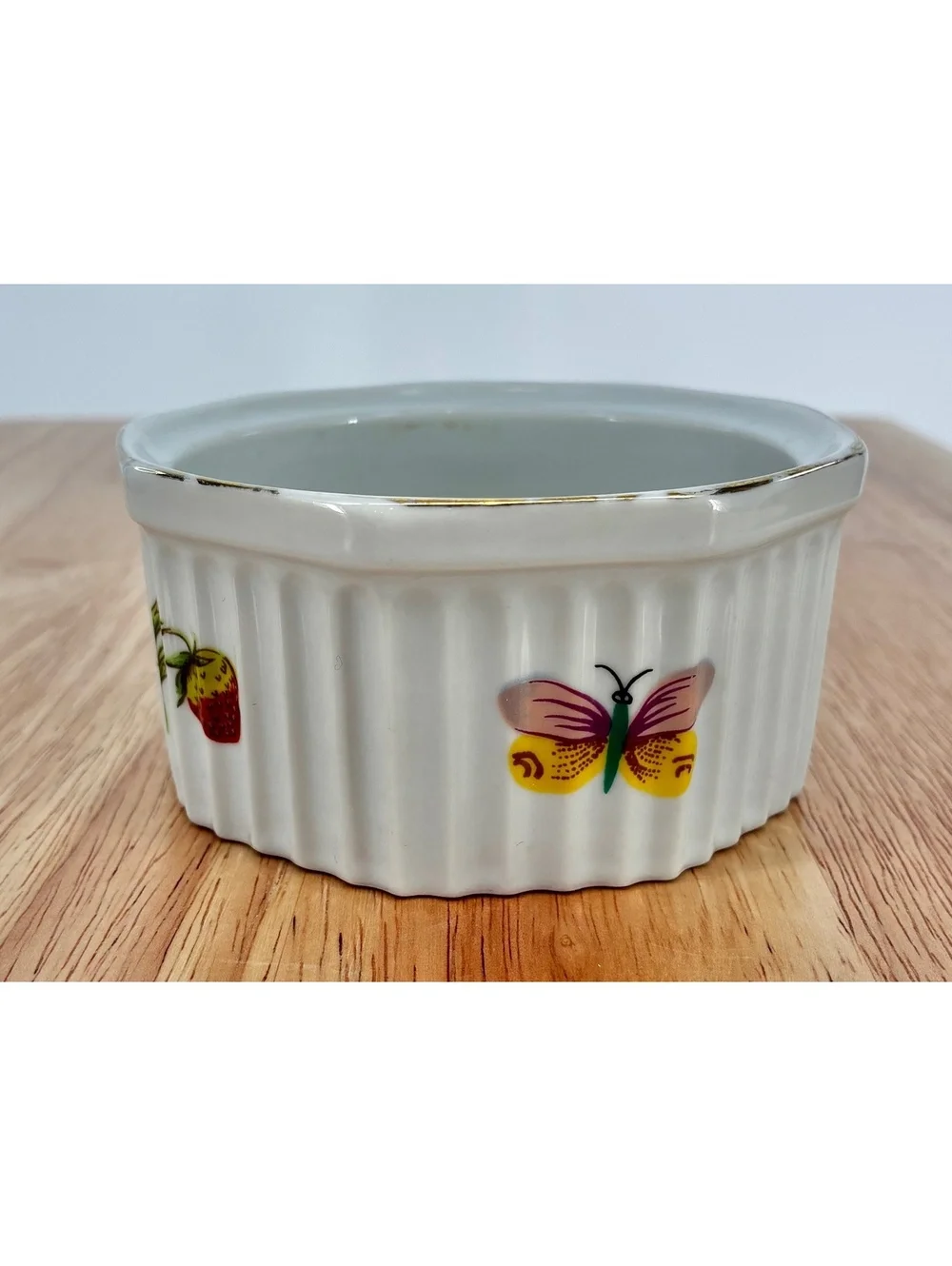 Vintage Mid Century Strawberry & Butterfly Porcelain Ramekin Gold Trim Japan